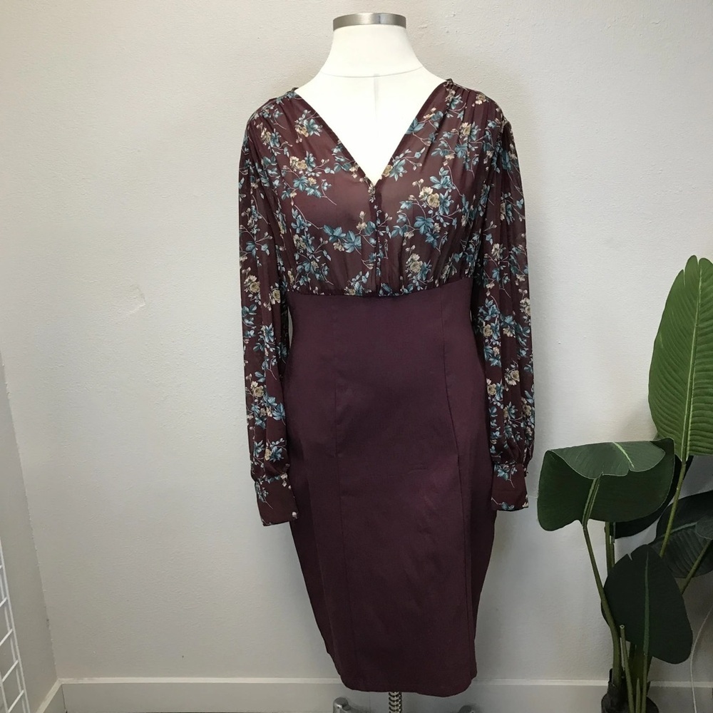 Unique Vintage Burgundy Floral Long-Sleeve Dress - Size 16